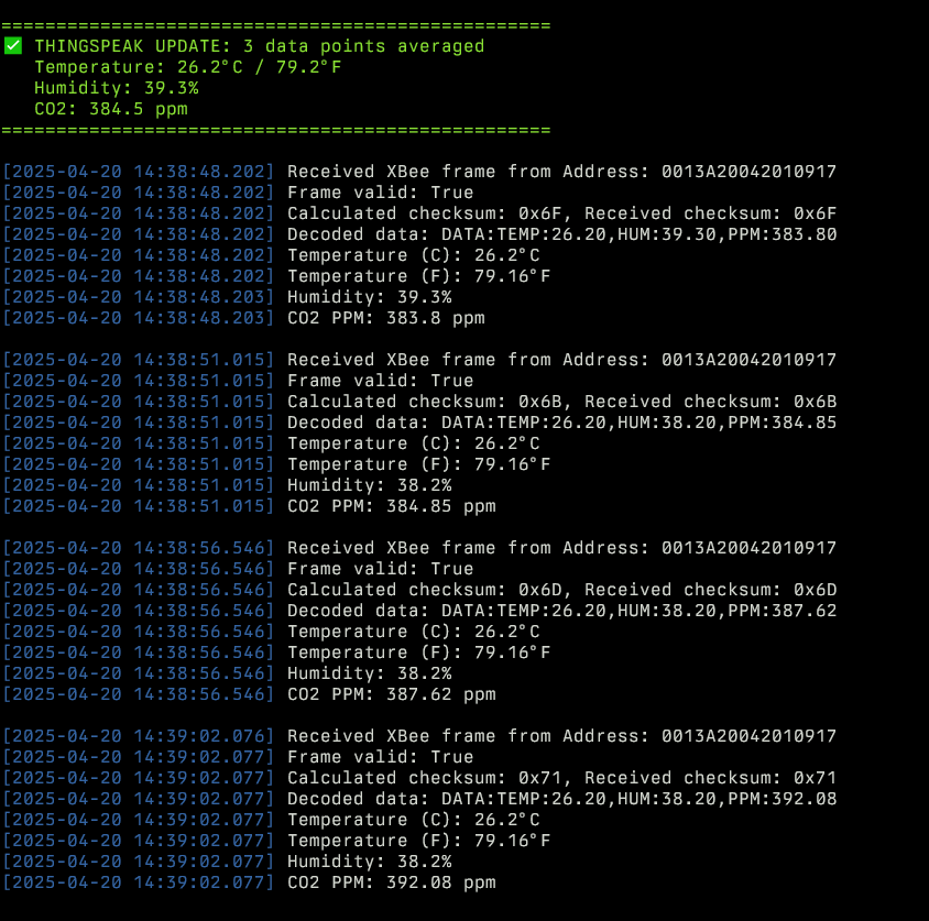 Console View of Sink Node Collecting Data From Source Node One